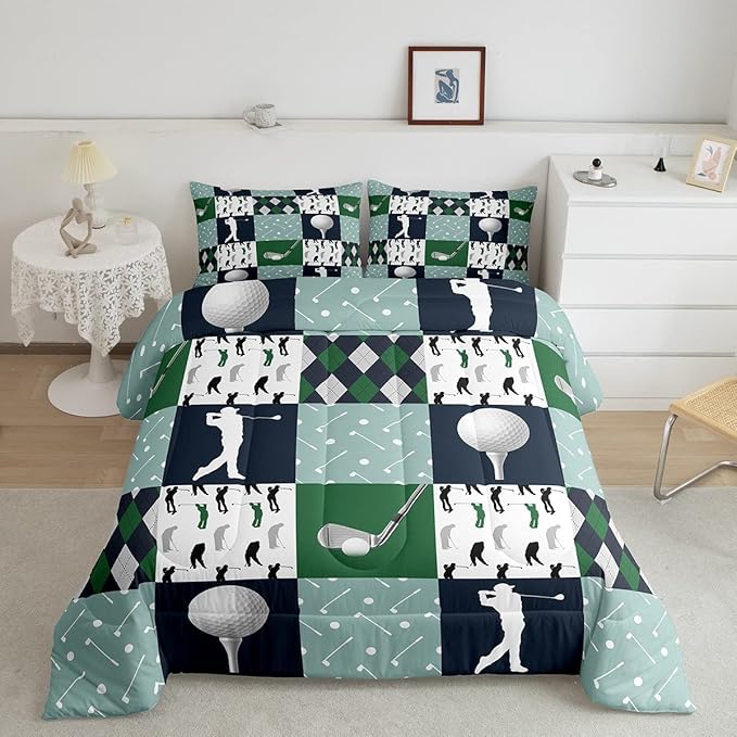 Golf Comforter Set Queen Size Geometric Patchwork Plaid Quilt Set Modern Ball Sports Gaming Bedding Set 3pcs for Men Adults Teens Room Decor Green White Duvet Insert with 2 Pillowcases