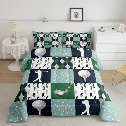 Golf Comforter Set Full Size Geometric Patchwork Plaid Quilt Set Modern Ball Sports Gaming Bedding Set 3pcs for Men Adults Teens Room Decor Green White Duvet Insert with 2 Pillowcases