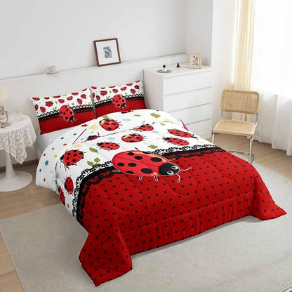 Kawaii Ladybug Comforter Set Queen Size Cartoon Jungle Animal Bedding Set Kids Boys Girls Cute Geometric Polka Dots All Season Quilt Set Flower Leaves Botanical Bedding Comforter Sets,3Pcs