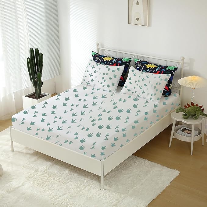 7 Piece Dinosaur Bedding Set Queen Size for Kids Boys Teens Cartoon Blue Dino Comforter Set with Sheet Colorful 3D Print Bed in a Bag