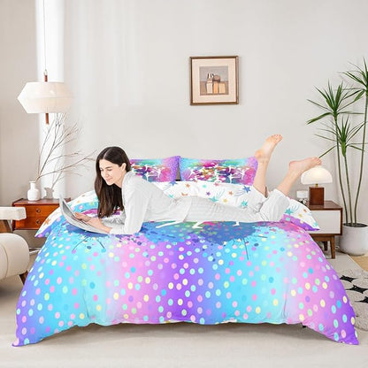 Castle Fairy Cheer Team Bedding Set Queen Size,Gymnastics Dancing Lovers Duvet Cover Girls Kids Teens Woman Room Decor,Rainbow Watercolor Dots Comforter Cover Modern Fashion Girly Quilt Cover 3pcs