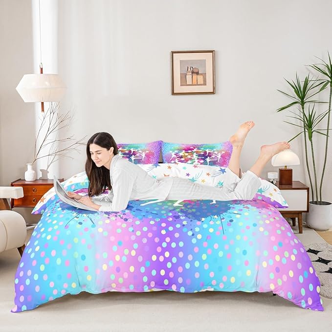 Cheerleading Girls Duvet Cover King Size,Gymnastics Dancing Lovers Bedding Set for Kids Teens Woman Room Decor,Rainbow Watercolor Graffiti Dots Comforter Cover Modern Fashion Quilt Cover 3pcs