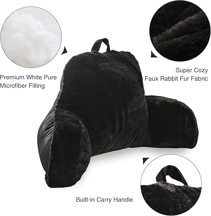 Aimuan Reading Pillow Bed Rest Pillow with Arms Rabbit Fur Cushion for Adults Teens Incline Rest Sitting up & Sleeping Snoring Pillow with Pregnancy Lumbar Back Support (Standard, Black)