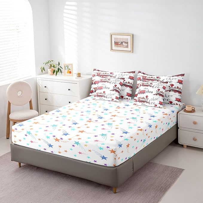 Feelyou Cartoon Car Bedding Set Kids Train Comforter Set with Sheets 7 Piece Full Size Boys Girls Choo-Choo Rail Roads Tracks Decor Bed in a Bag Microfiber Train Construction Bed Set Bedroom