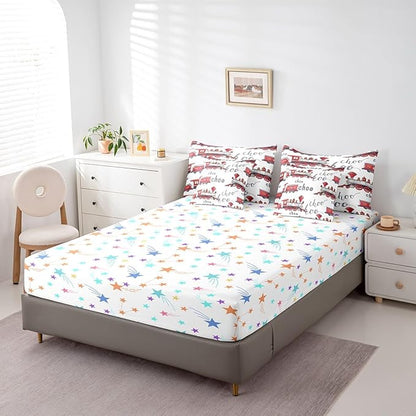 Feelyou Cartoon Car Bedding Set Kids Train Comforter Set with Sheets 7 Piece Full Size Boys Girls Choo-Choo Rail Roads Tracks Decor Bed in a Bag Microfiber Train Construction Bed Set Bedroom