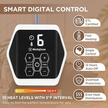 Westinghouse Heated Twin Blanket - Electric With 10 Heating Levels, 1-12 Hours Auto Shut Off, Fast Warming, Machine Washable (62x84 Inches, Light Grey)
