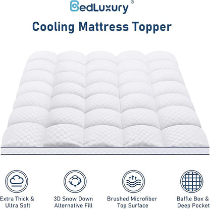 King Mattress Topper Extra Thick Pillowtop Cooling Mattress Topper Plush Mattress Pad Cover Protector with 8-21 Inch Deep Pocket 3D Snow Down Alternative Fill White