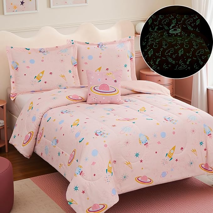 Glow in The Dark Kids Comforter Set Full Size for Girls, Planet Bedding Set 1 Comforter, 1 Decor Pillow, 2 Pillow Shams