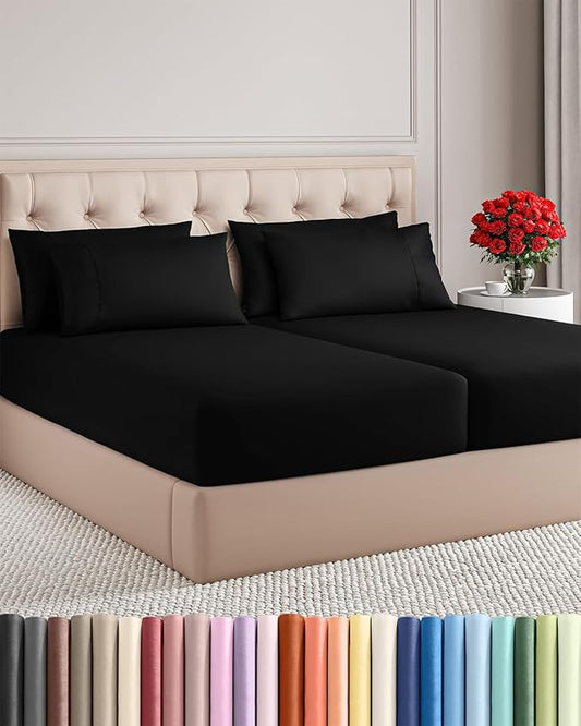 Split King 7 Piece Sheet Set - Comfy Breathable & Cooling - Ultra-Soft Hotel Luxury Bedding Set w/ 8-16 Inch Deep Pockets - 1 Flat & 2 Fitted Sheet & 4 Pillowcases - Wrinkle Free & Easy Care - Black