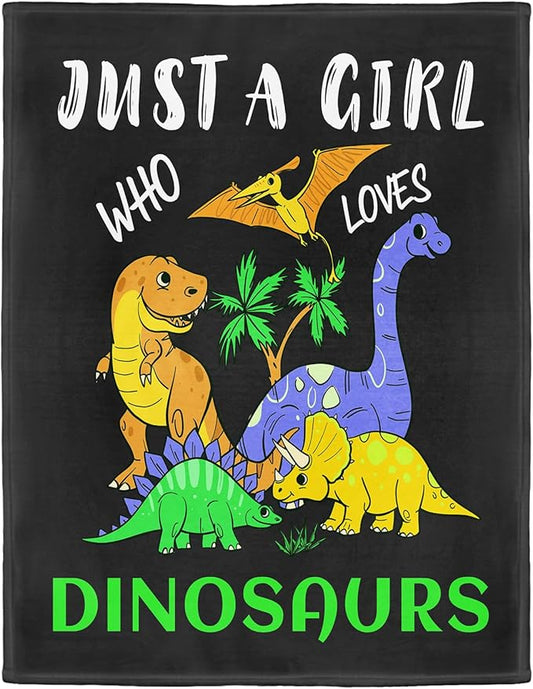Dino Lover Blanket, Just A Girl Who Loves Dinosaurs Blanket, Soft Warm Cozy Fleece Throw, Gifts for Girls Women Kids, 50"x60", Black