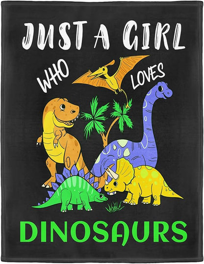 Dino Lover Blanket, Just A Girl Who Loves Dinosaurs Blanket, Soft Warm Cozy Fleece Throw, Gifts for Girls Women Kids, 60"x80", Black
