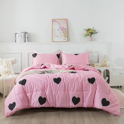Caressma Love Pattern Girls Pink Comforter Set King Size, Blush Pink Cute Love Heart Sexy Comforter Bedding Set for All Seasons, Soft Microfiber 3 Pieces Comforter Set with Pillowcases