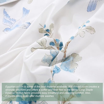 URBONUR Blue Floral Duvet Cover Set Queen Size 100% Cotton 3 Pieces Bedding Comforter Cover with Button Closure Birds on White Comforter Cover Sets, Soft Cooling Bedding Queen