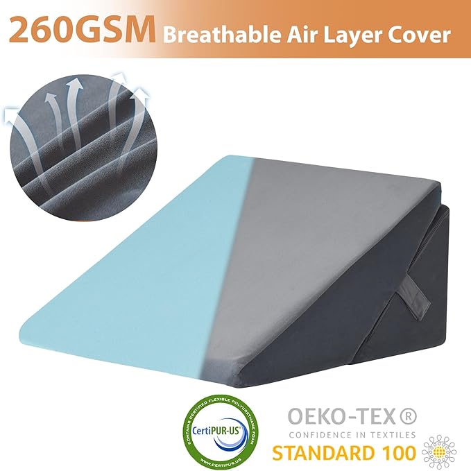 Wedge Pillow, 9&12” Adjustable Bed Wedge Pillow for Sleeping, Triangle Pillow for Back Pain Relief, Memory Foam Pillow Wedge for Post Surgery, Acid Reflux and Snoring, GERD, Grey
