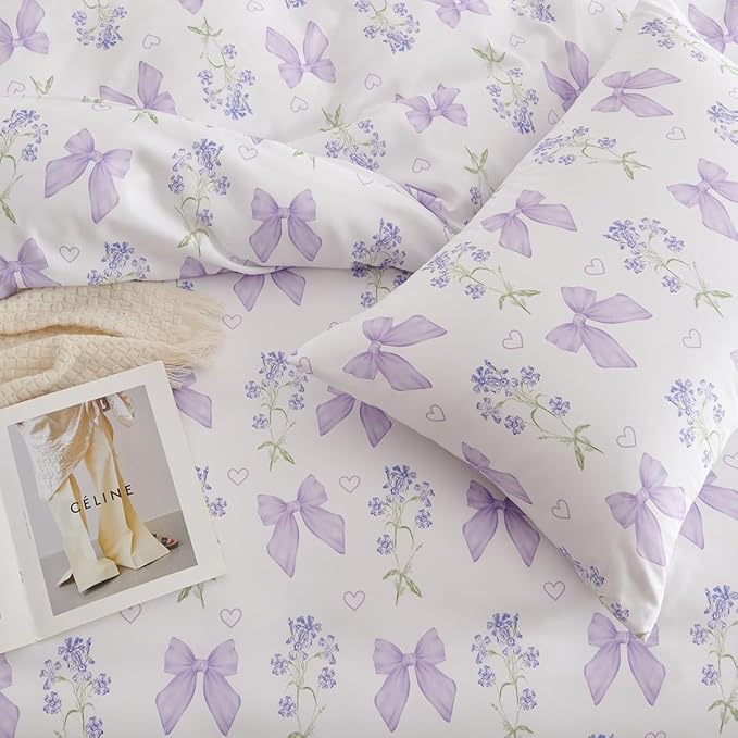 Purple Bow Duvet Cover Queen 3Pcs Girls Floral Duvet Cover Set, Cute Romantic Princess Style Bowknot Bedding Set Soft Microfiber Garden Flower Bedding with 2 Pillowcases(No Comforter)