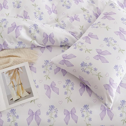 Purple Bow Duvet Cover Full 3Pcs Girls Floral Duvet Cover Set, Cute Romantic Princess Style Bowknot Bedding Set Soft Microfiber Garden Flower Bedding with 2 Pillowcases(No Comforter)