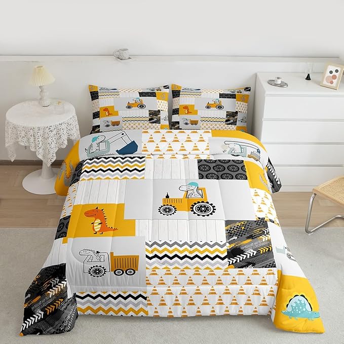 Feelyou Construction Comforter Set King Size Kids Cartoon Car Excavator Tractor Toddler Comforter Equipment Trucks Plaid Grid Yellow Comforter Set Construction Vehicles Duvet Set Quilt Set