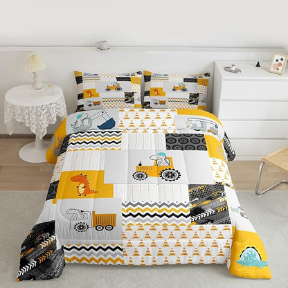 Feelyou Construction Comforter Set Full Size Kids Cartoon Car Excavator Tractor Toddler Comforter Equipment Trucks Plaid Grid Yellow Comforter Set Construction Vehicles Duvet Set Quilt Set