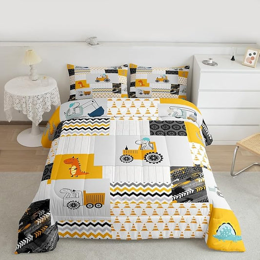 Feelyou Construction Comforter Set Full Size Kids Cartoon Car Excavator Tractor Toddler Comforter Equipment Trucks Plaid Grid Yellow Comforter Set Construction Vehicles Duvet Set Quilt Set