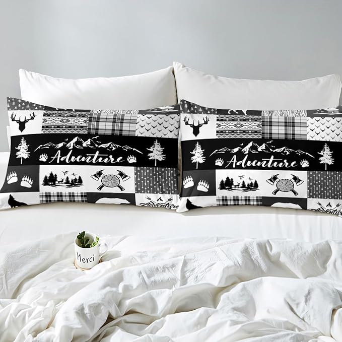 Hunting Adventure Duvet Cover Queen Size,Deer Antler Bear Pine Patchwork Duvet Cover Set for Children Adult,Arrow Lodge Boho Aztec Camper Grid Soft Comforter Cover for Bedroom, Zipper, Ties