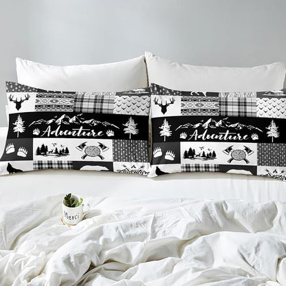 Hunting Adventure Bedding Set King Size for Teens,Deer Antler Bear Pine Patchwork Comforter Cover with 2 Pillowcases,Arrow Lodge Boho Aztec Camper Grid Duvet Cover Set Microfiber Quilt Cover