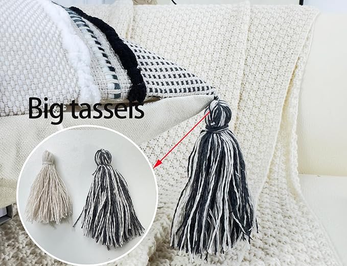 Chenille and Cotton Long Pillow for Bed, Striped Textured Boho Lumbar Throw Pillow Cover 16x36, Neutral Accent Decorative Extra Long Body Pillow Case for Couch, Sofa, Bedroom, Black and White