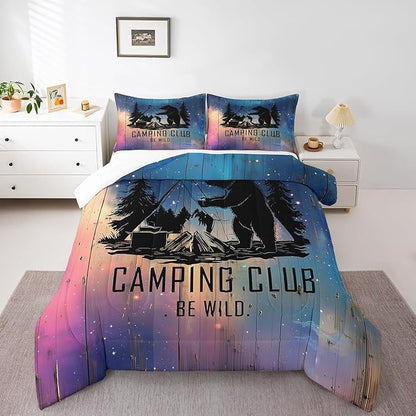 Feelyou Kids Camper Bedding Set Twin Universe Galaxy Camping Comforter for Boys Girls Farmhouse Rustic Wild Bear Decor Comforter Set Nature Starry Sky Quilt with 1 Pillow Case Boys