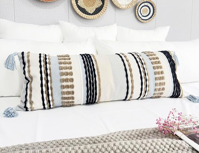 Chenille and Cotton Long Pillow for Bed,Striped Textured Boho Long Lumbar Throw Pillow Cover 16x36,Neutral Accent Decorative Extra Long Body Pillow Case for Couch Sofa Bedroom,Khaki