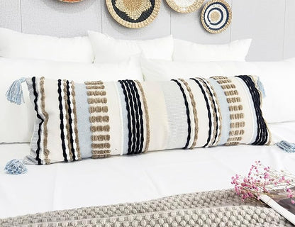 Chenille and Cotton Long Pillow for Bed,Striped Textured Boho Long Lumbar Throw Pillow Cover 16x36,Neutral Accent Decorative Extra Long Body Pillow Case for Couch Sofa Bedroom,Khaki