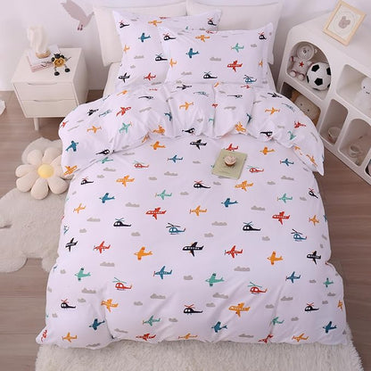 JSD Airplane Kids Duvet Cover Set Queen Size, 3 Piece Soft Printed Microfiber Comforter Cover with Pillow Sham Zipper Closure, Comforter Not Included