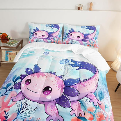 Cute Axolotl Bedding Set Queen Size,Color Axolotl Waterweed Jellyfish Pattern Toddler Bed Comforter Set,Kawaii Ocean Life Bedding Sets for Kids Boys Girls Room Decor with 2 Pillowcases.
