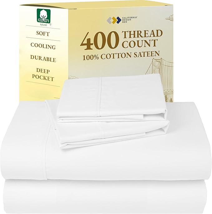 California Design Den King Bed Sheets Set - Soft 400 Thread Count Sateen, 100% Cotton Sheets, Deep Pockets with All Around Elastic for a Snug Fit, Durable Bedding Set - Antique White