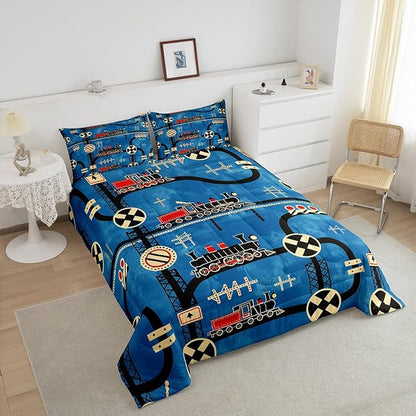 Erosebridal Cartoon Train Bedding Sets Full for Toddler Kids Boys Vintage Steam Engine Comforter, Travel Railway Track Transportation Bedding Construction Traffic Signs Retro Car Decor Quilt