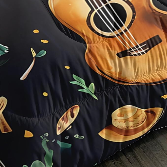 Western Cowboy Hats Musical Guitar Comforter 3Pcs Twin Wild Cactus Flowers Bedding Set for Kid Teen Girl Boy Adult Nature Botanical Floral Quilt Bed Decor with 1 Comforter and 2 Pillowcases