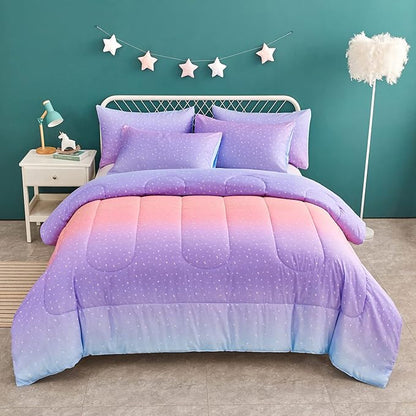 Yogeneg Pink Glitter Rainbow Kids Comforter Sets Full/Queen Size for Teen Girl &Boys Women,Metallic Printed Comforter with 2 Pillowcase, Microfiber 3 Piece Bedding Set,All Season(Rainbow A, Queen)