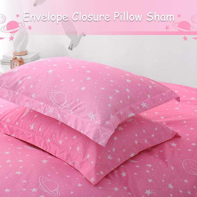 JSD Pink Stars Kids Duvet Cover Set Twin Size, 2 Piece Girls Space Theme Microfiber Comforter Cover with Pillow Sham Zipper Closure, Comforter Not Included