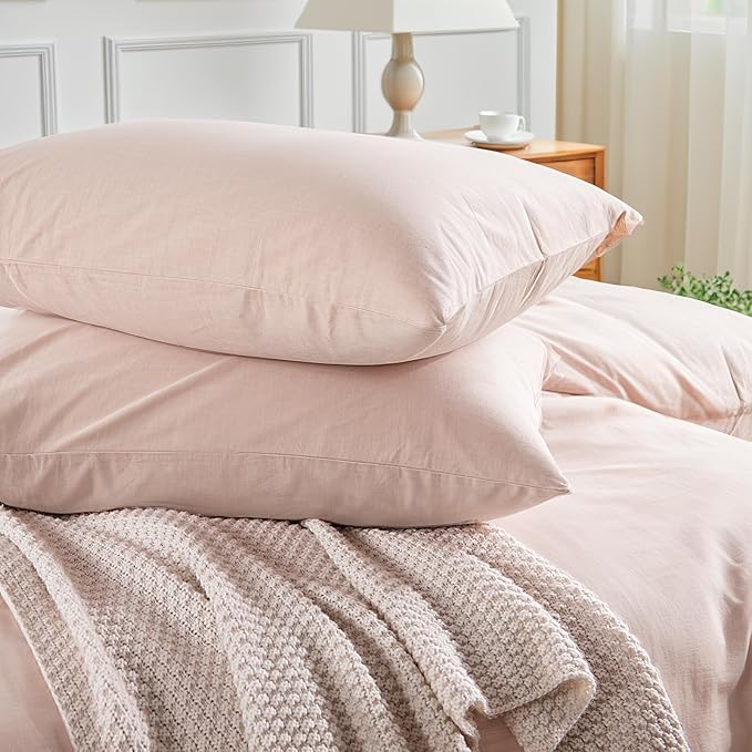 NEXHOME PRO Duvet Cover Set Queen Size Linen Look Textured Organic Natural 100% Washed Cotton Duvet Cover Greyish Light Pink 3 Pieces Bedding Set with Zipper Closure, Breathable (No Comforter)