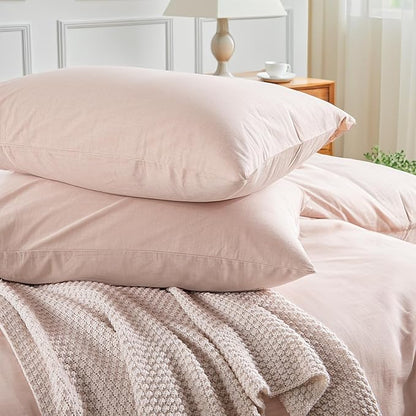 NEXHOME PRO Duvet Cover Set Queen Size Linen Look Textured Organic Natural 100% Washed Cotton Duvet Cover Greyish Light Pink 3 Pieces Bedding Set with Zipper Closure, Breathable (No Comforter)