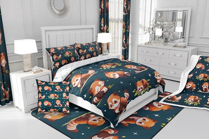 Cartoon Raccoon Comforter Set Cute Brown Wild Animals Hippie Bedding Comforter for Kids Boys Girls Teens Watercolor Green Leaves Dreamy Bedroom Quilt Set with 2 Pillowcases King Size 3 Pcs