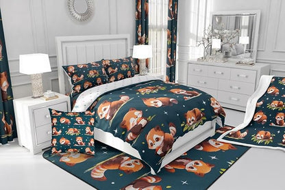 Cartoon Raccoon Comforter Set Cute Brown Wild Animals Hippie Bedding Comforter for Kids Boys Girls Teens Watercolor Green Leaves Dreamy Bedroom Quilt Set with 2 Pillowcases King Size 3 Pcs