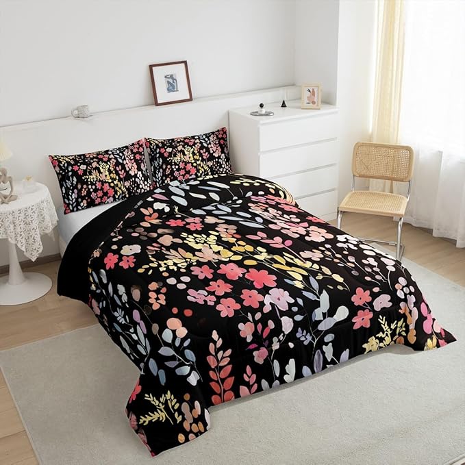 Erosebridal Cute Red Floral Comforter Set Queen for Kids Girls Women,Colorful Wild Flower Bedding Set Boho Bedroom Decor,Watercolor Flowers Quilt Bed Set Rustic Wildflower Bed Comforter Set 3Pcs