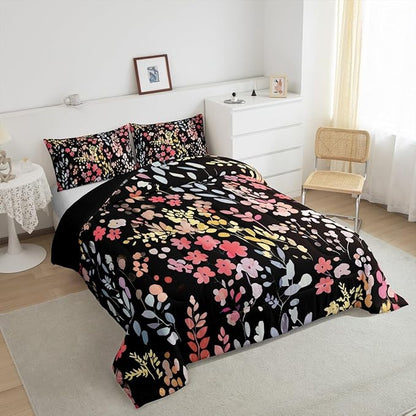 Erosebridal Cute Red Floral Comforter Set Full for Kids Girls Women,Colorful Wild Flower Bedding Set Boho Bedroom Decor,Watercolor Flowers Quilt Bed Set Rustic Wildflower Bed Comforter Set 3Pcs