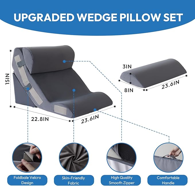 4PCS Wedge Pillow Set for After Surgery, Back Pillow for Bed Sitting up, 10-in-1 Foam Wedge Pillow for Acid Reflux & Back Pain Relief, Post Surgery Pillow for GERD & Snoring, Plush Grey