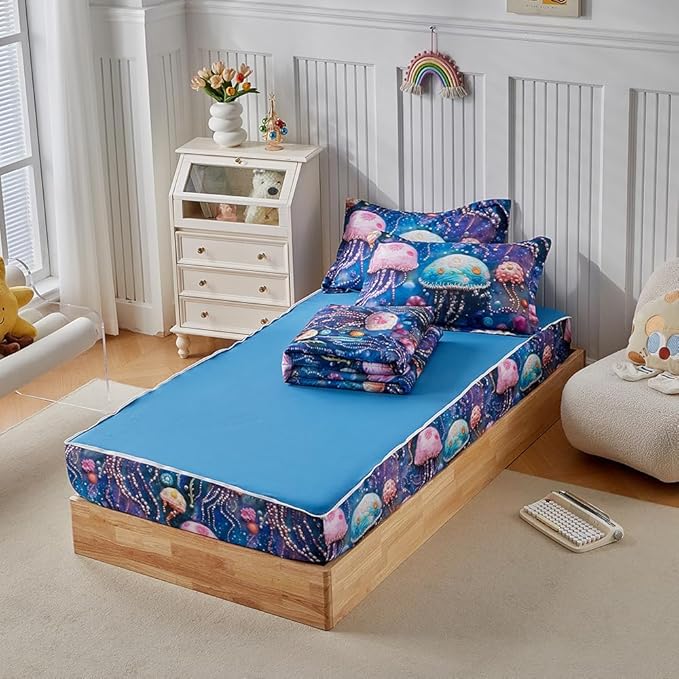 Kids Zipper Bedding Set for Girls and Boys, 3pcs Jellyfish Comforter Set Twin with Fitted Sheet and Pillowcases, All in One Zipper Bed in a Bag Super Soft Microfiber Lightweight, Pink Blue