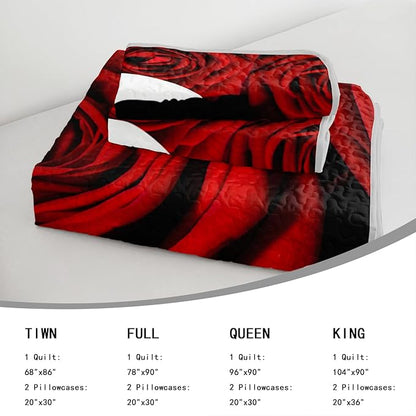 AILONEN Red and White Quilt Set Queen Size,Red Rose Flower Bedspread Coverlet for Couples Lovers,Soft Lightweight,3Pcs His & Hers Quilt & 2 Pillowcases