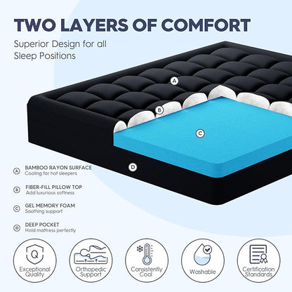 ELEMUSE Dual Layer 3 Inch Memory Foam Mattress Topper Full Size, 2 Inch Cooling Gel Memory Foam Plus 1 Inch Down Alternative Pillowtop Mattress Pad with Cooling Cover, Soft Comfort Support,Black