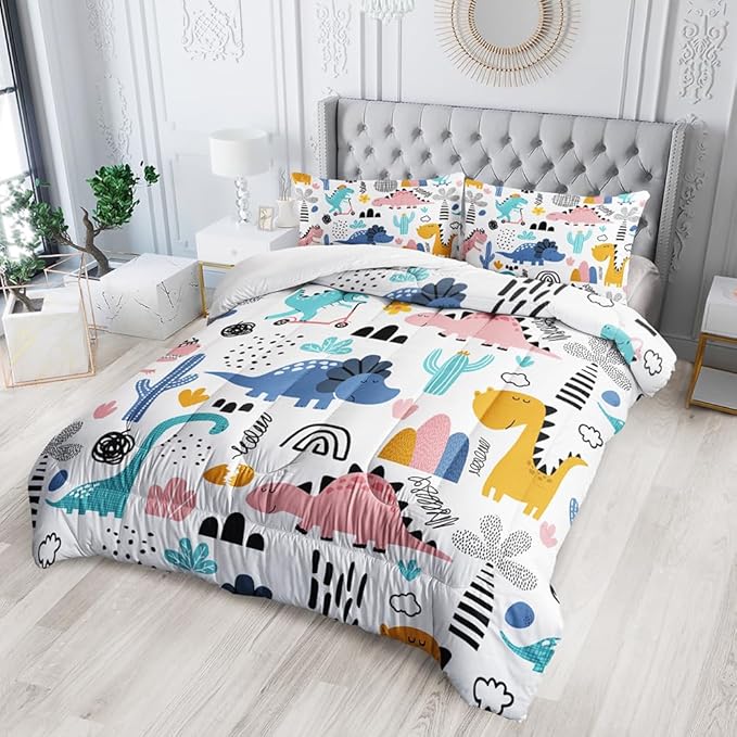 Cartoon Dinosaur Rainbow Comforter Set Twin 3Pc Kawaii Dinosaur Bedding Set All Season with Cactus, Coconut Tree Decoration Includes 1 Comforter, 2 Pillowcases for Kids Girls Teens