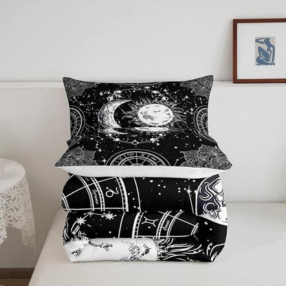 Sun and Moon Bedding Set Constellation Galaxy Comforter Set for Kids Boys Girls Teens Psychedelic Boho Mandala Comforter Breathable Celestial Duvet Set Black White Room Decor Quilt Cover Toddler Size