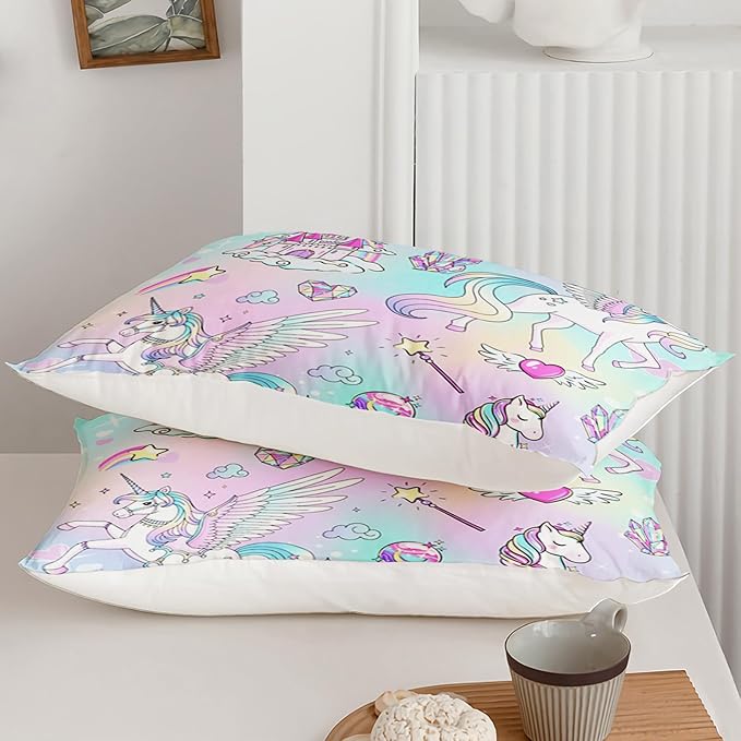 Kawaii Unicorn Bedding Set for Girls Kids Twin Size, Pink Colorful Comforter Set for Girls Bedroom Recor with 2 Pillowcases