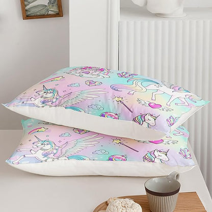 Kawaii Unicorn Bedding Set for Girls Kids Full Size, Pink Colorful Comforter Set for Girls Bedroom Recor with 2 Pillowcases